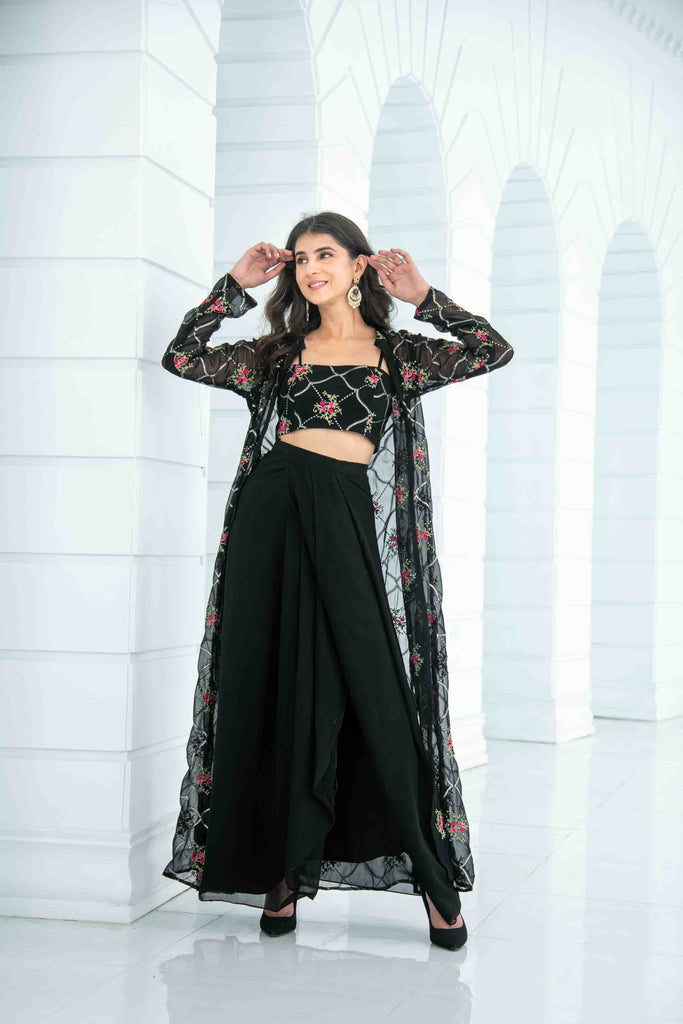 Women's Black Slit Dhoti With Jacket