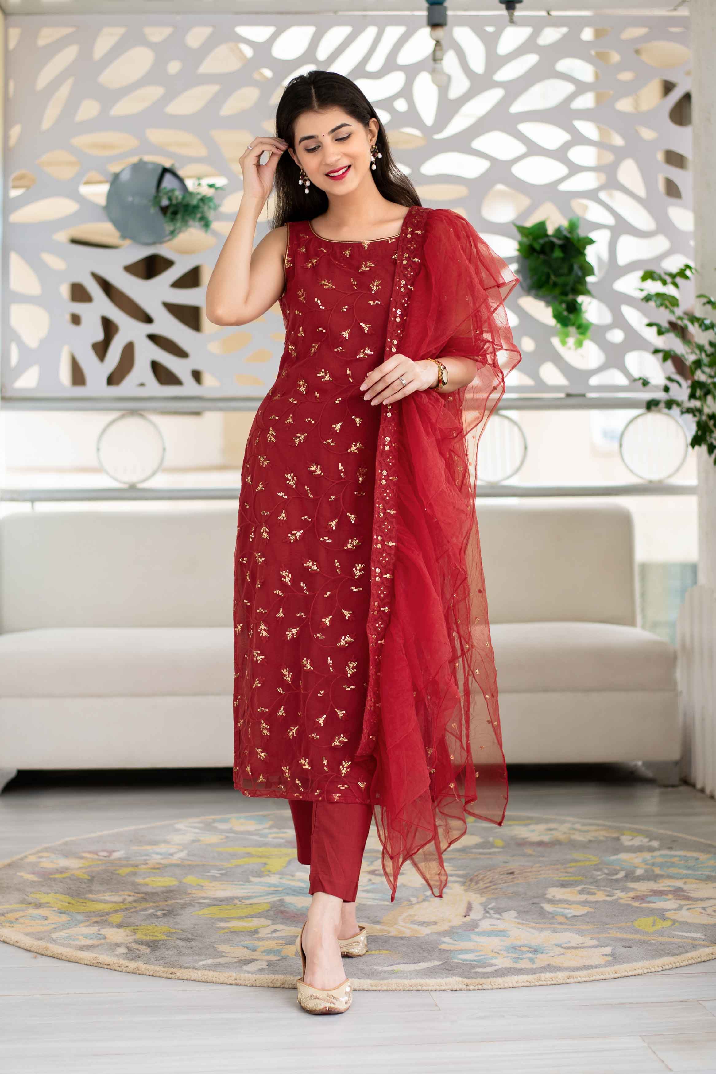 Women's Red Sequin Kurta Suit Set With Net Ruffle Dupatta Label Shaurya Sanadhya