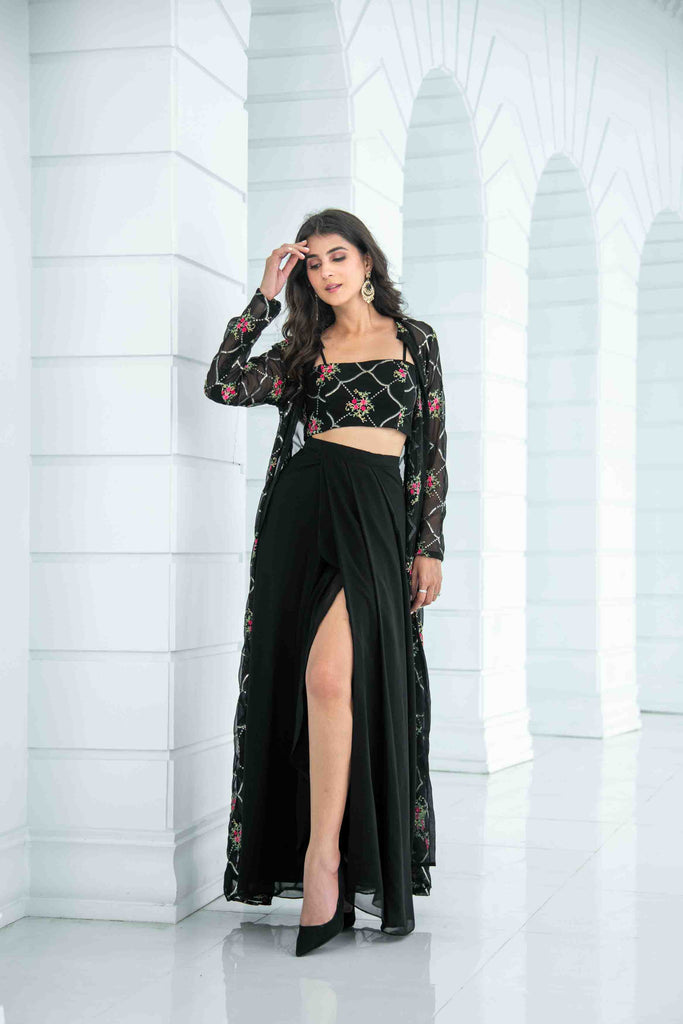 Women's Black Slit Dhoti With Jacket