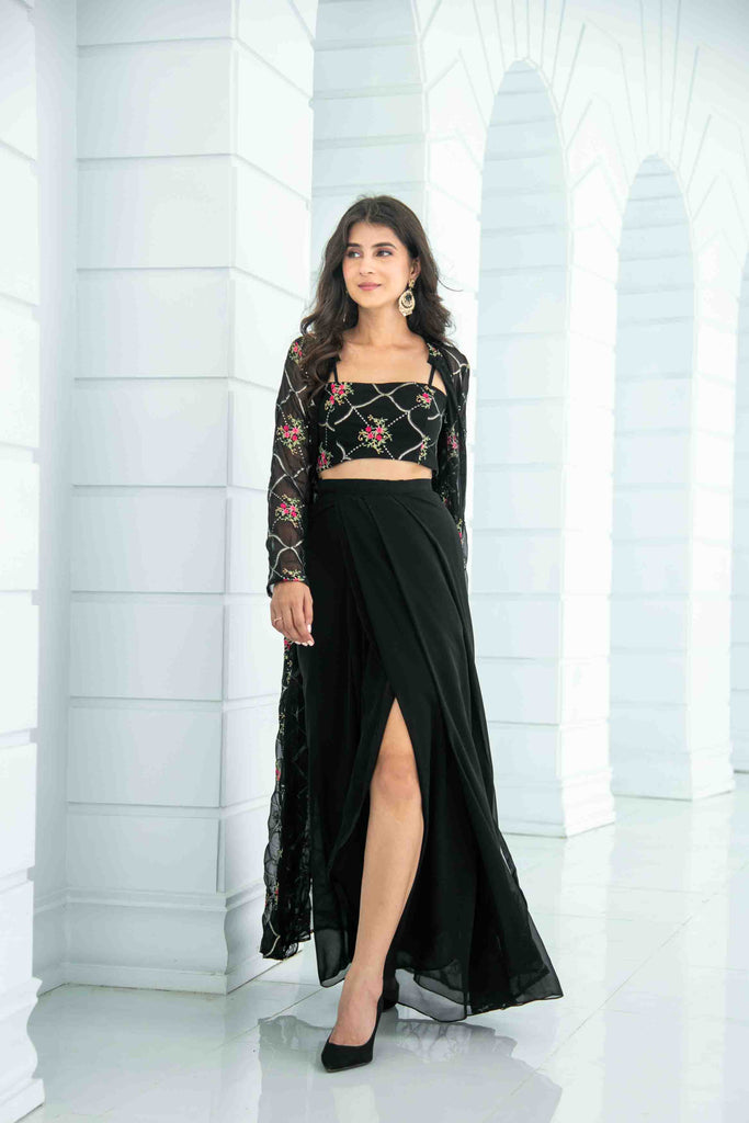 Women's Black Slit Dhoti With Jacket