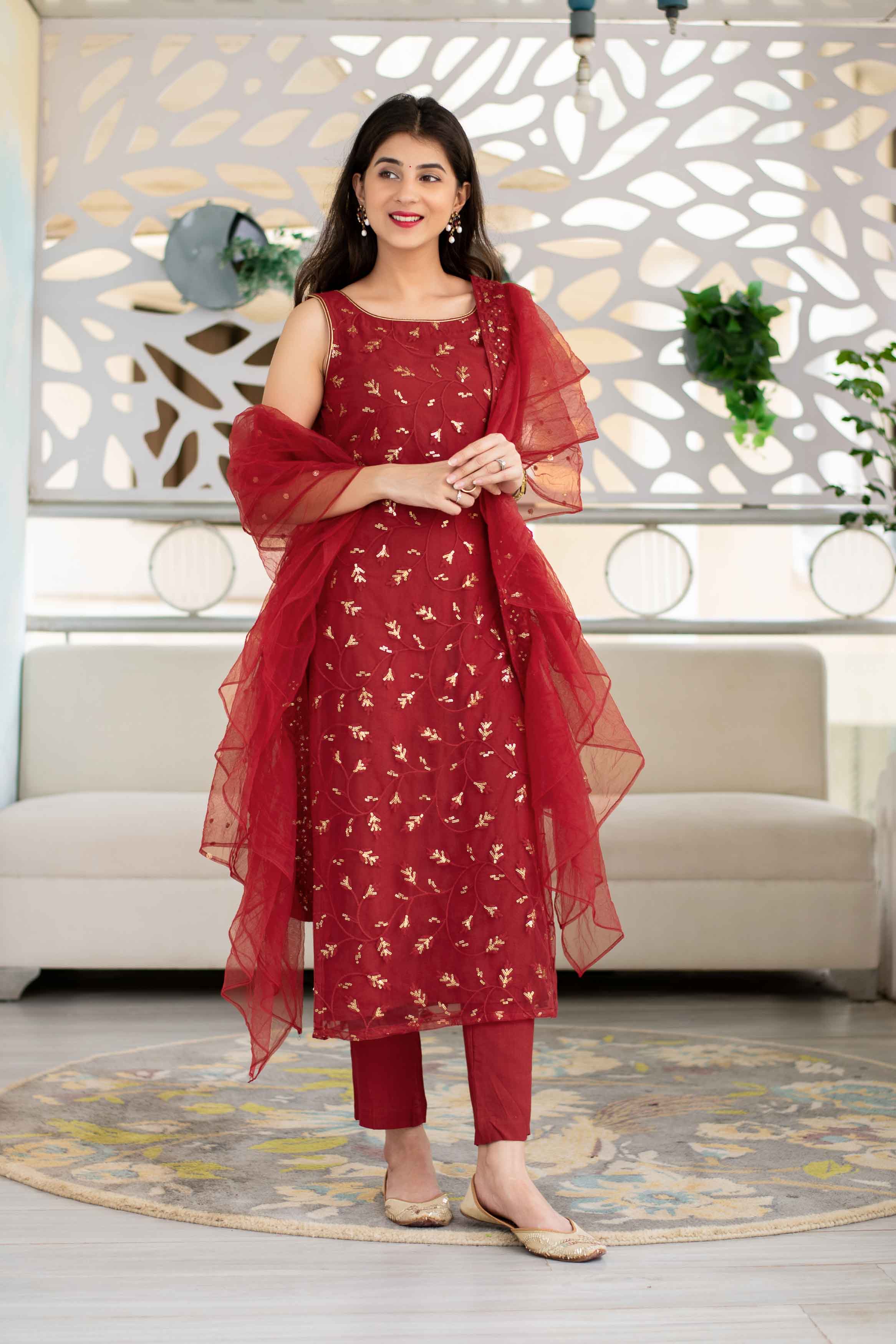 Women's Red Sequin Kurta Suit Set With Net Ruffle Dupatta Label Shaurya Sanadhya