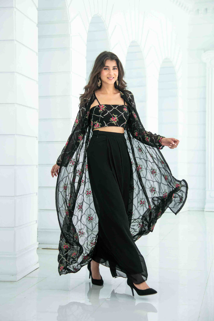 Women's Black Slit Dhoti With Jacket