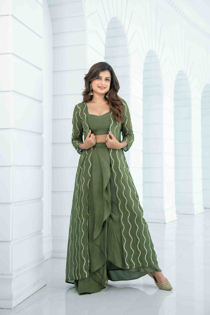 Women's Olive Skirt Dhoti With Jacket