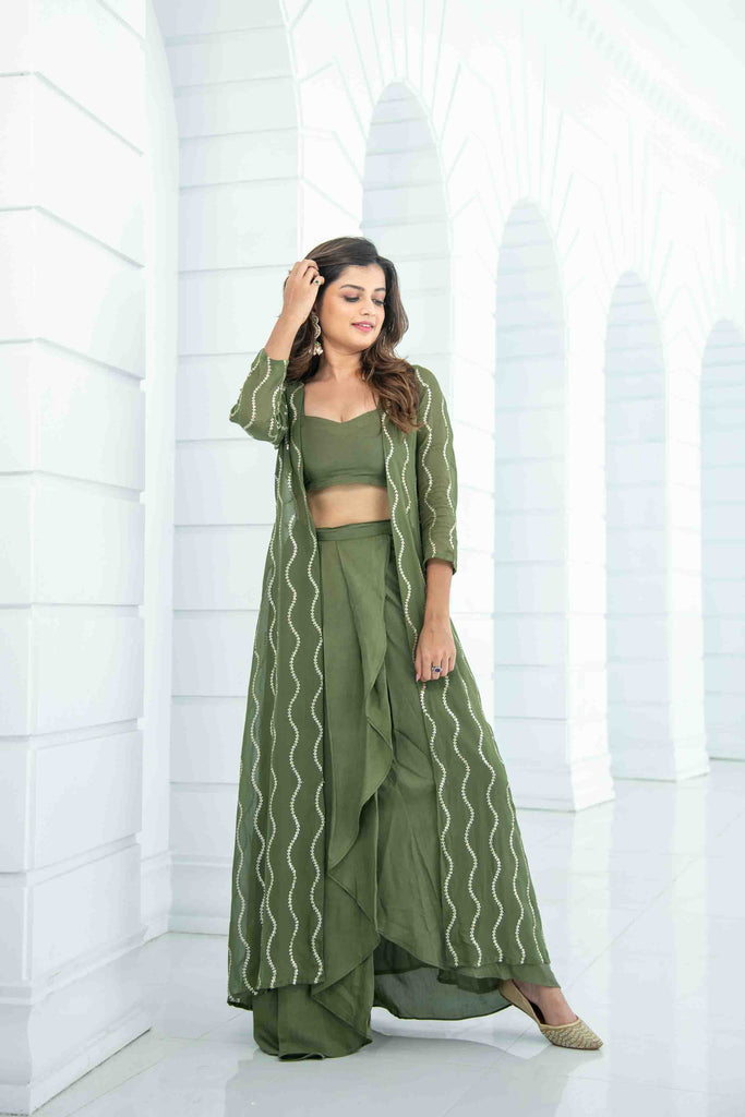 Women's Olive Skirt Dhoti With Jacket