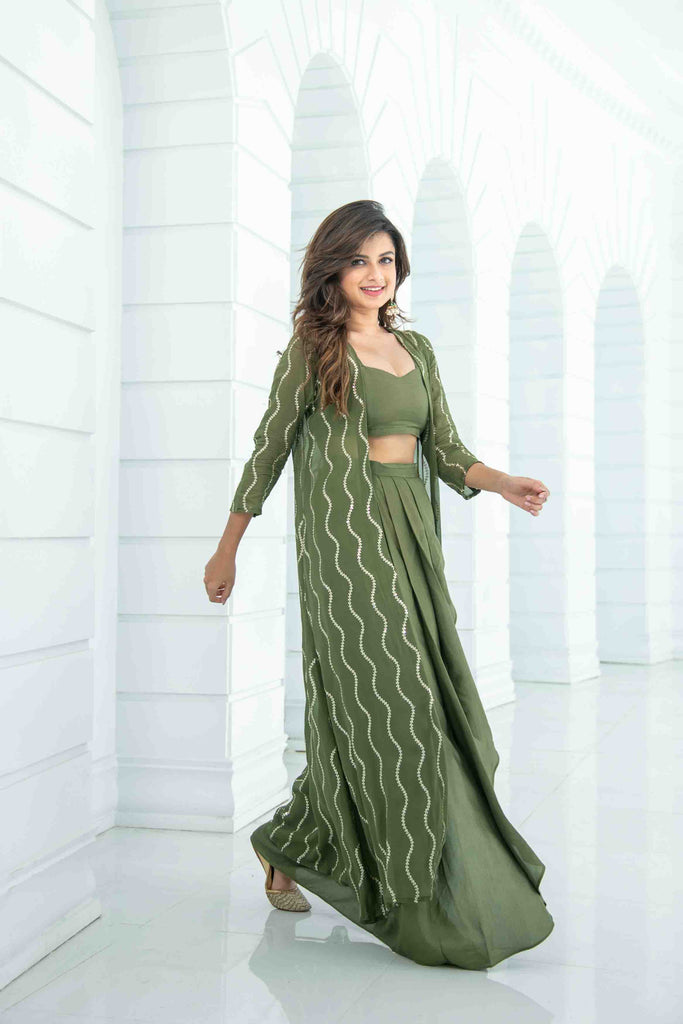 Women's Olive Skirt Dhoti With Jacket