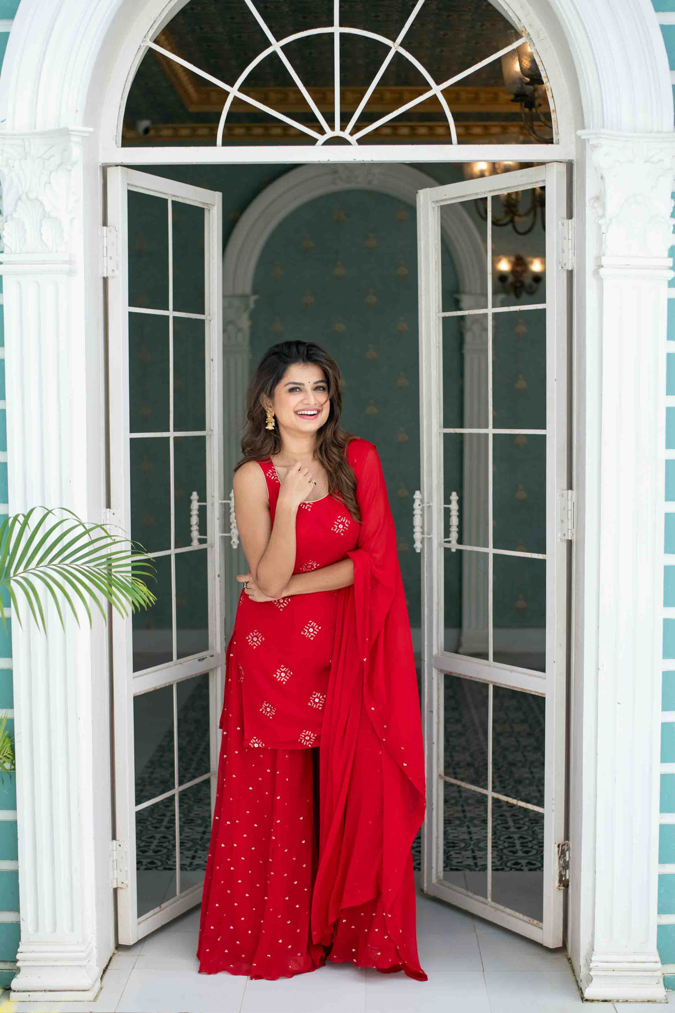 Women's Red Short Kurta With Palazzo