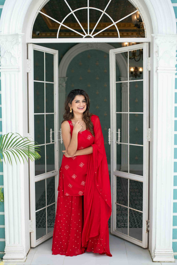 Women's Red Short Kurta With Palazzo