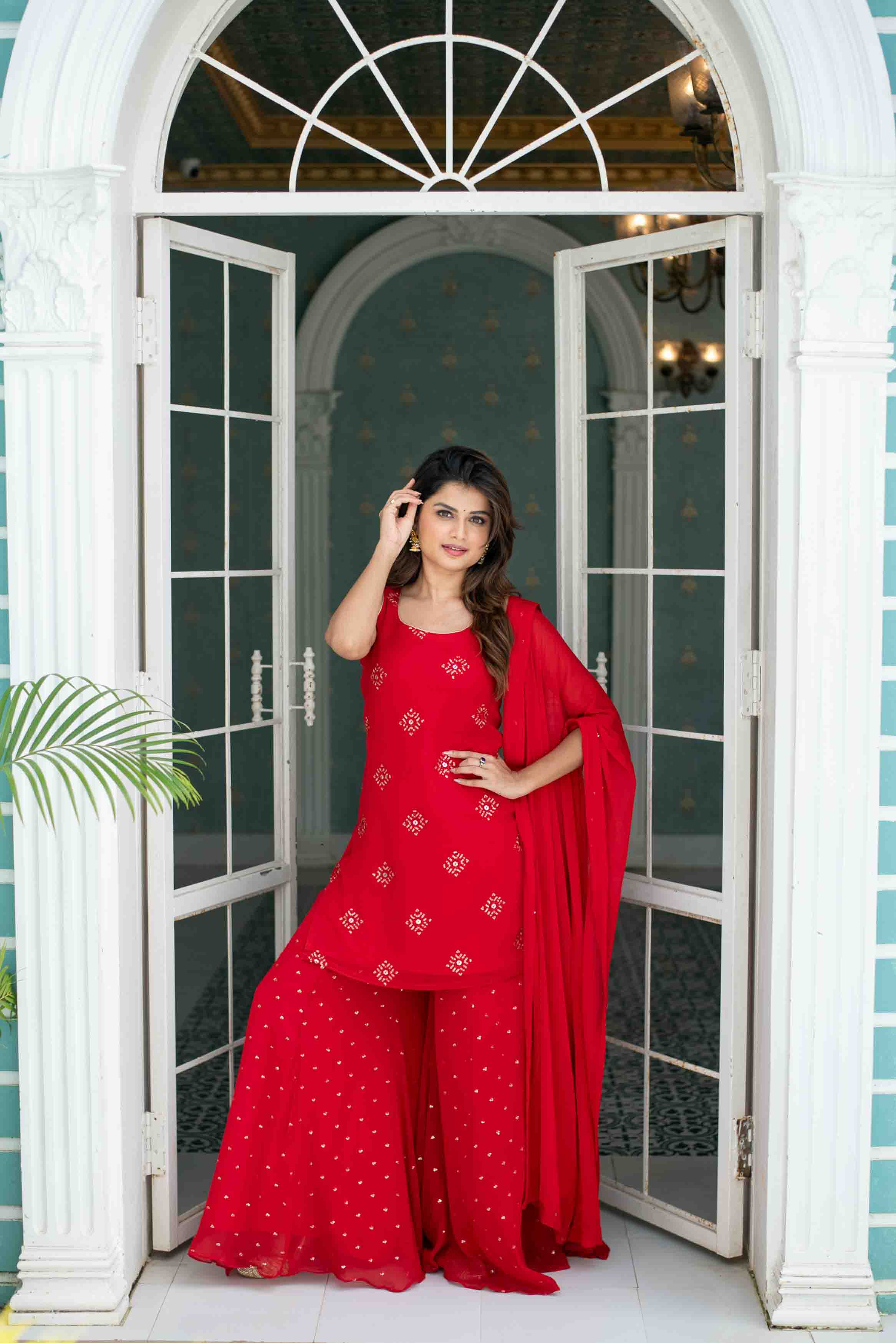 Women's Red Short Kurta With Palazzo - Label Shaurya Sanadhya