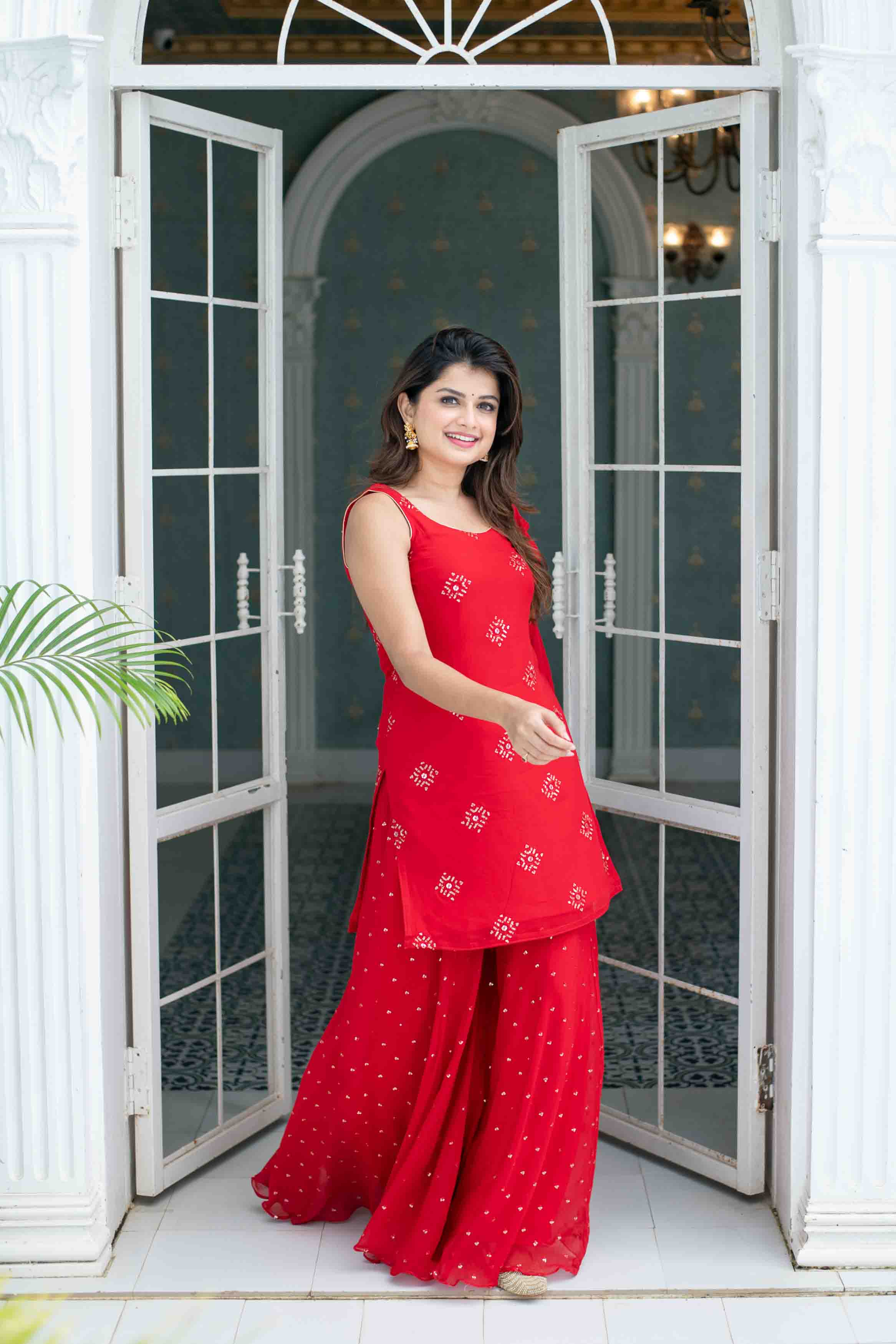 Women's Red Short Kurta With Palazzo - Label Shaurya Sanadhya