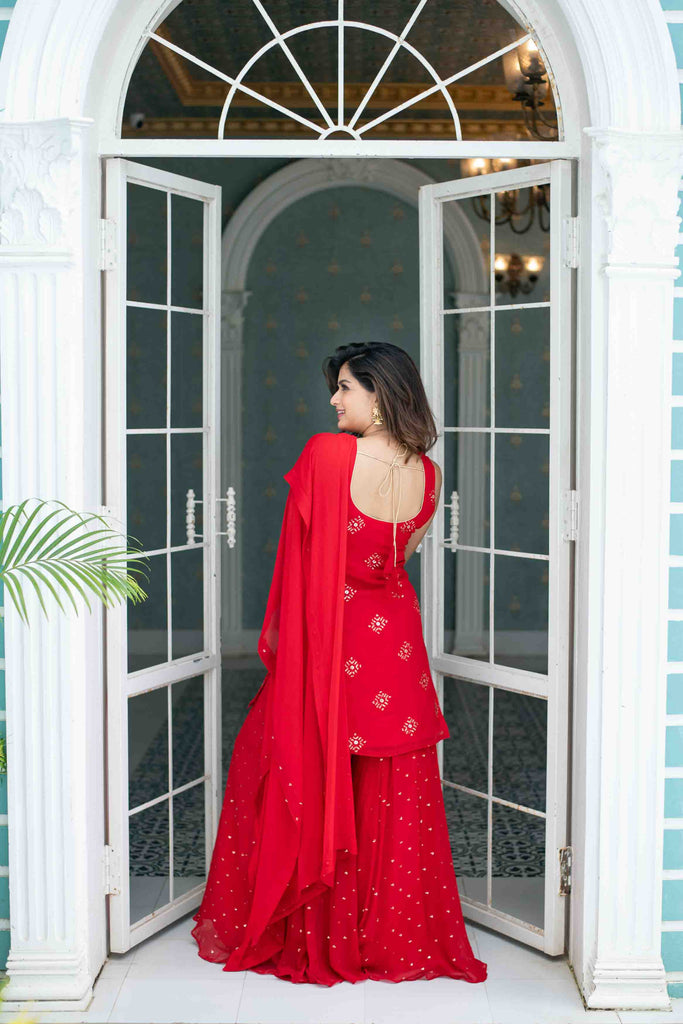 Women's Red Short Kurta With Palazzo