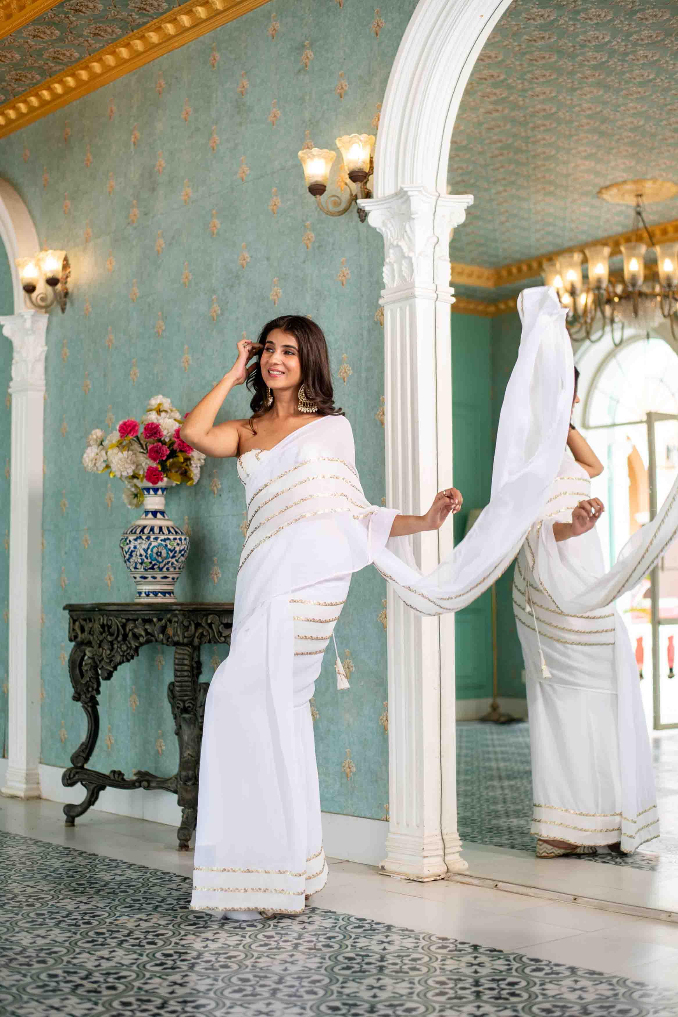 Women's White Sequin Skirt Saree - Label Shaurya Sanadhya
