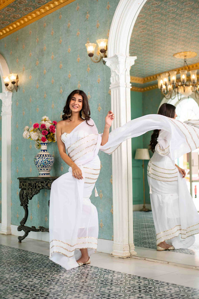 Women's White Sequin Skirt Saree