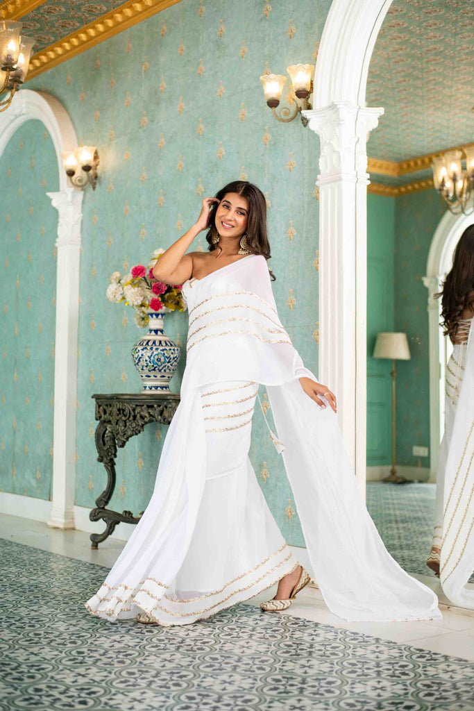 Women's White Sequin Skirt Saree