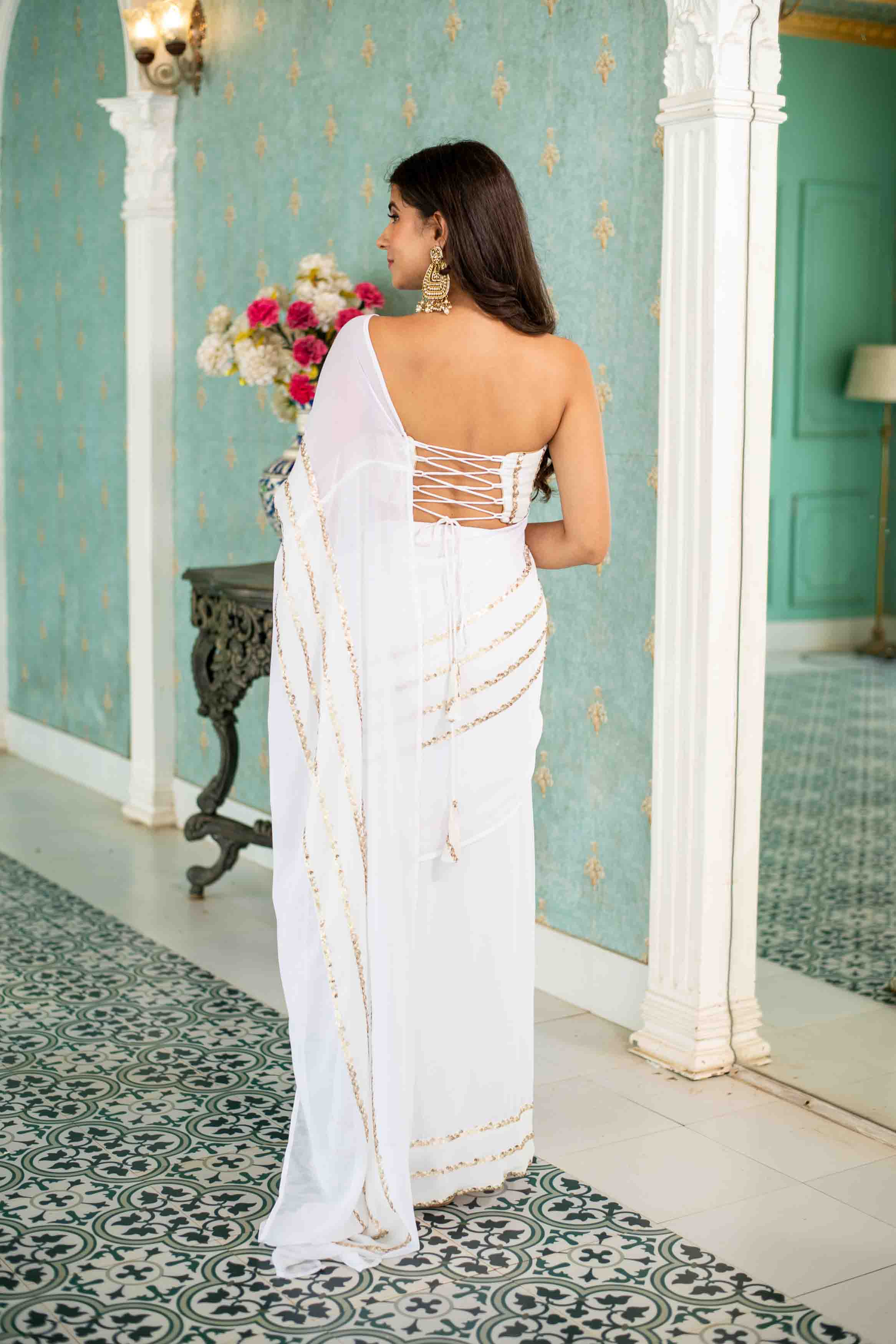 Women's White Sequin Skirt Saree - Label Shaurya Sanadhya