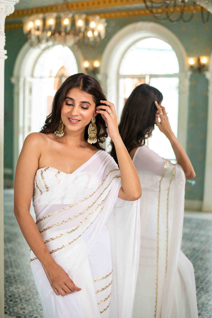 Women's White Sequin Skirt Saree
