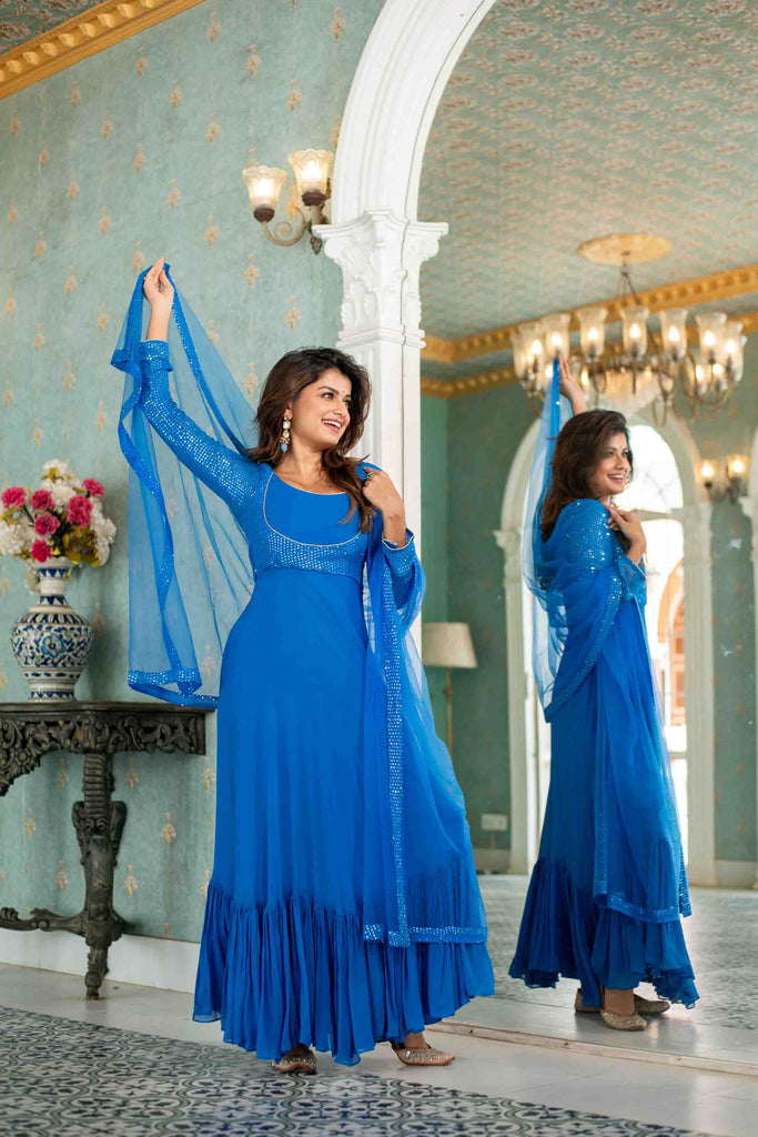 Women's Electric Blue Choli Style Gown With Dupatta