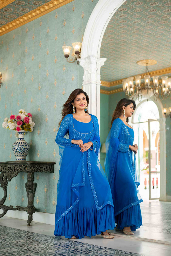 Women's Electric Blue Choli Style Gown With Dupatta