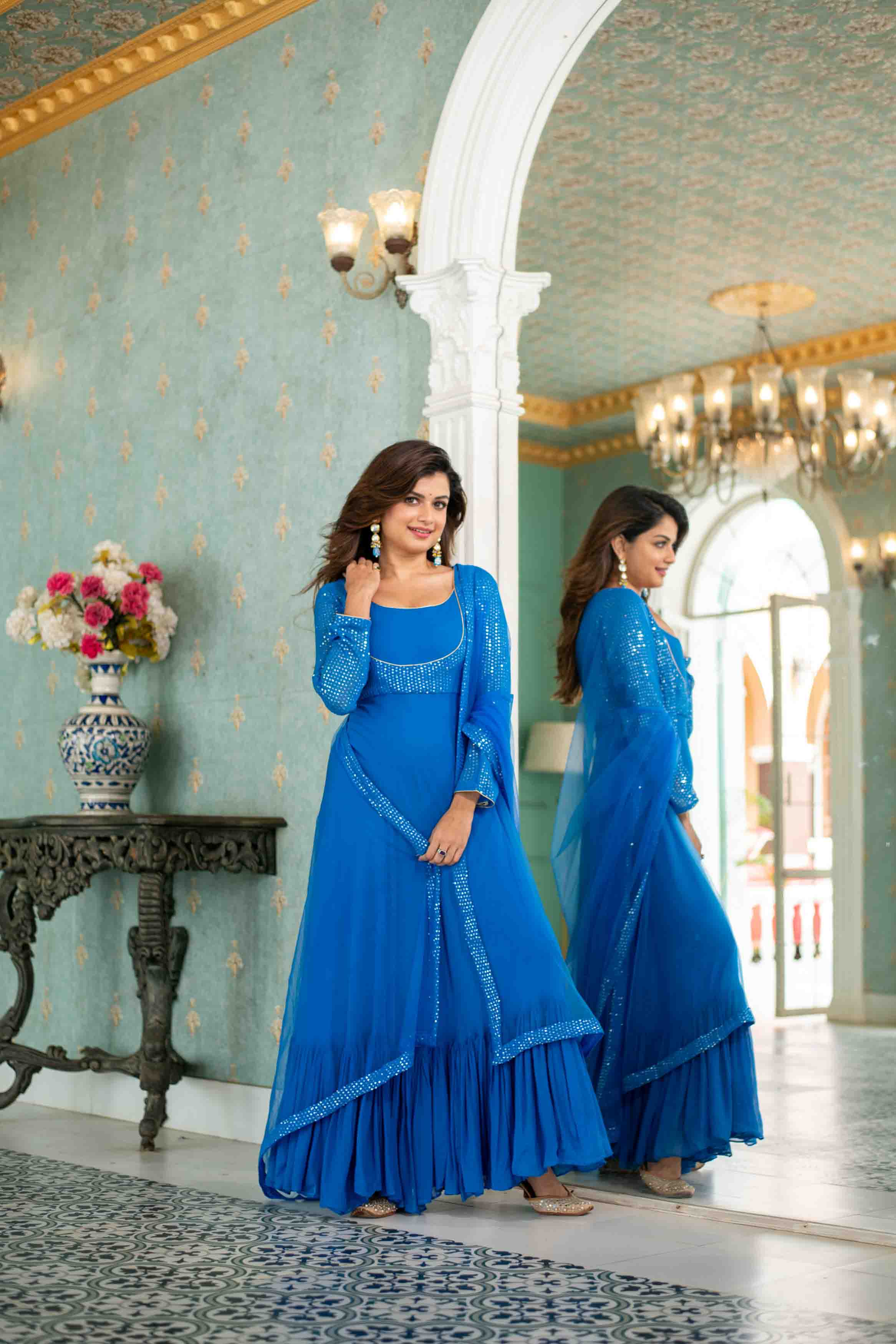 Women's Electric Blue Choli Style Gown With Dupatta - Label Shaurya Sanadhya
