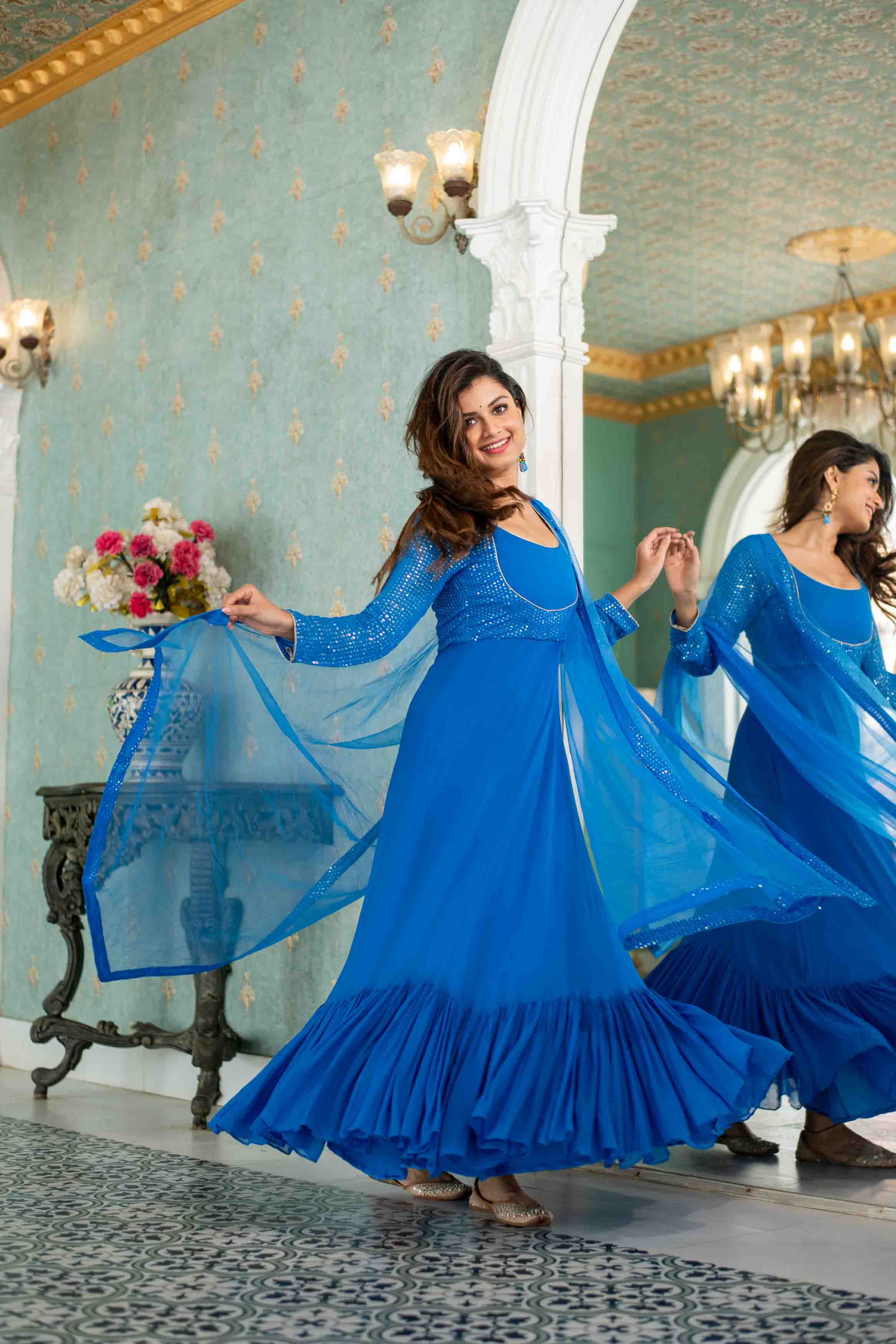 Women's Electric Blue Choli Style Gown With Dupatta - Label Shaurya Sanadhya