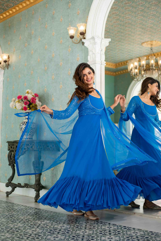 Women's Electric Blue Choli Style Gown With Dupatta