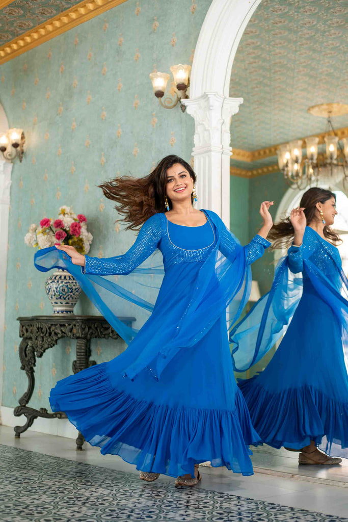 Women's Electric Blue Choli Style Gown With Dupatta