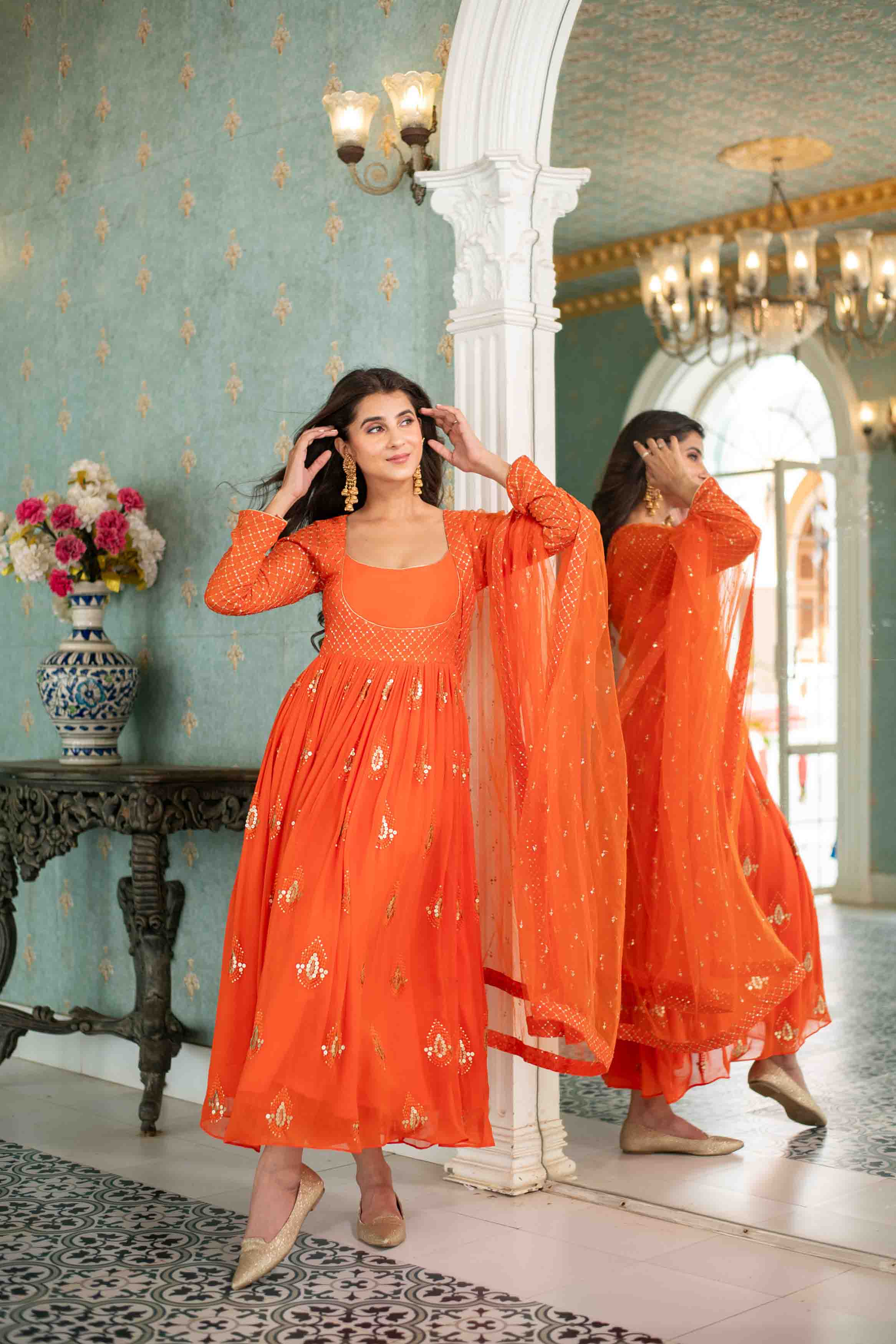 anarkali orange dress Rust Orange Hand Embroidered Anarkali with heavy Dupatta Mohi fashion