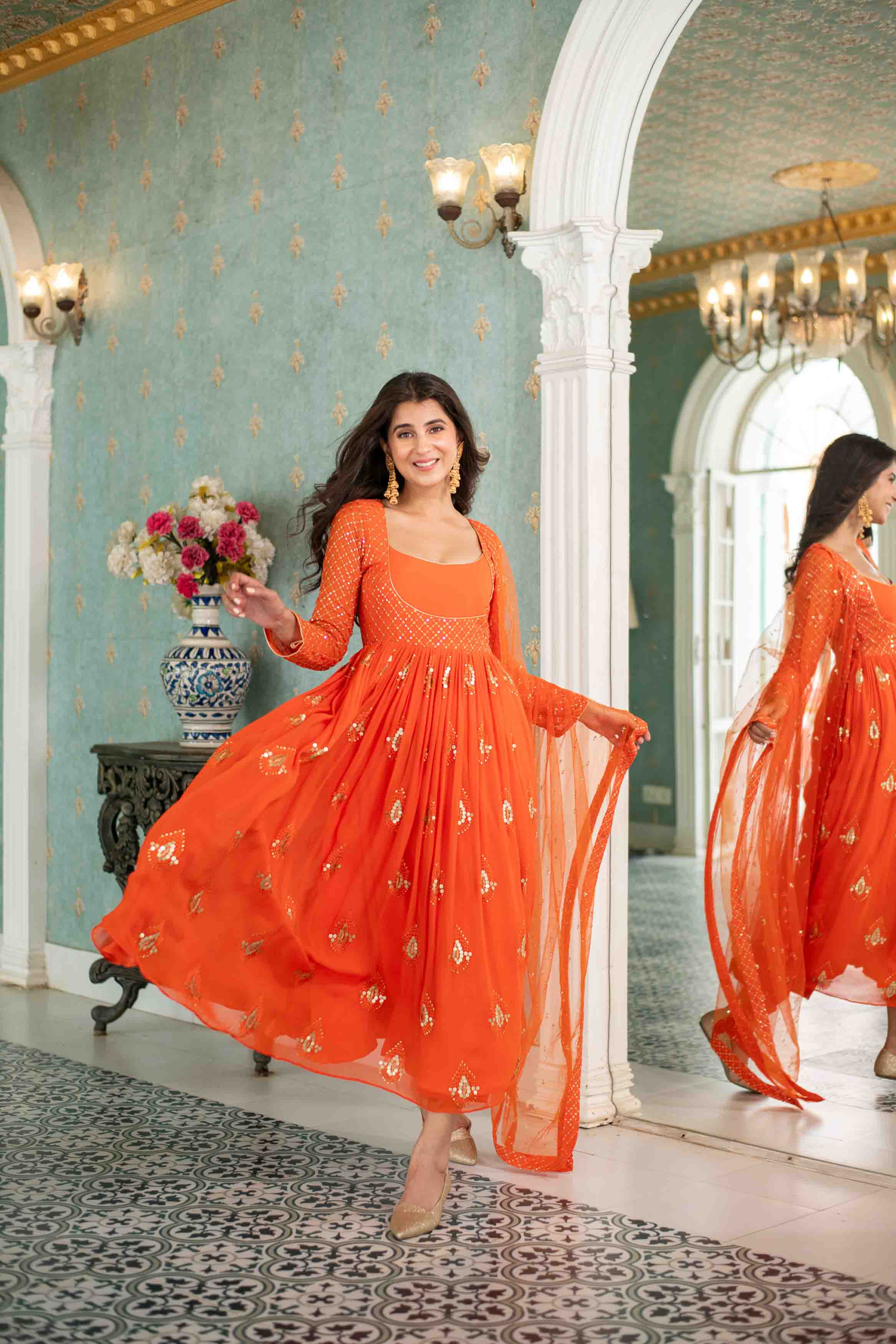 Women's Orange  Choli Style Anarkali Set - Label Shaurya Sanadhya