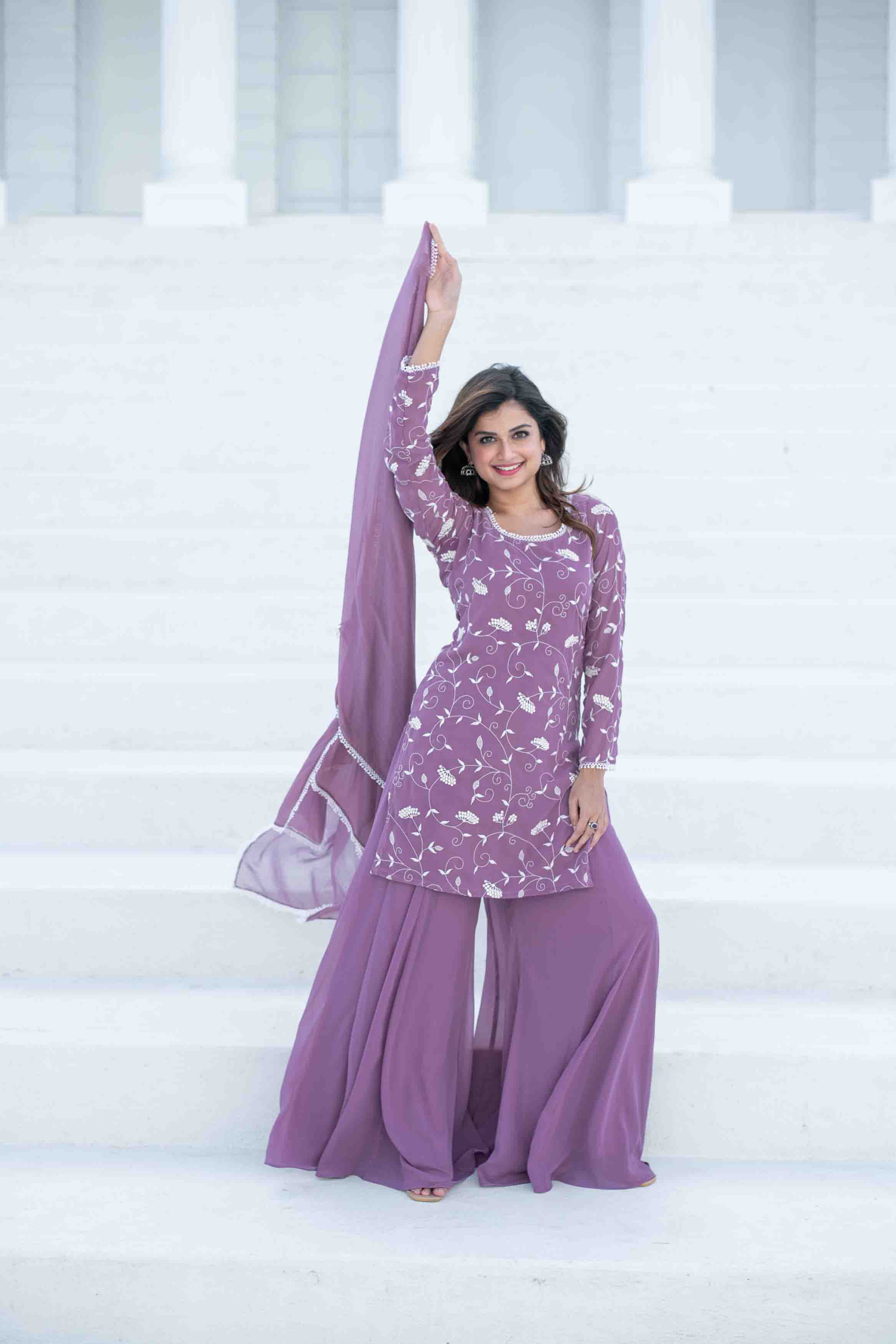 Women's Lilac Thread Work Georgette Kurta Set - Label Shaurya Sanadhya