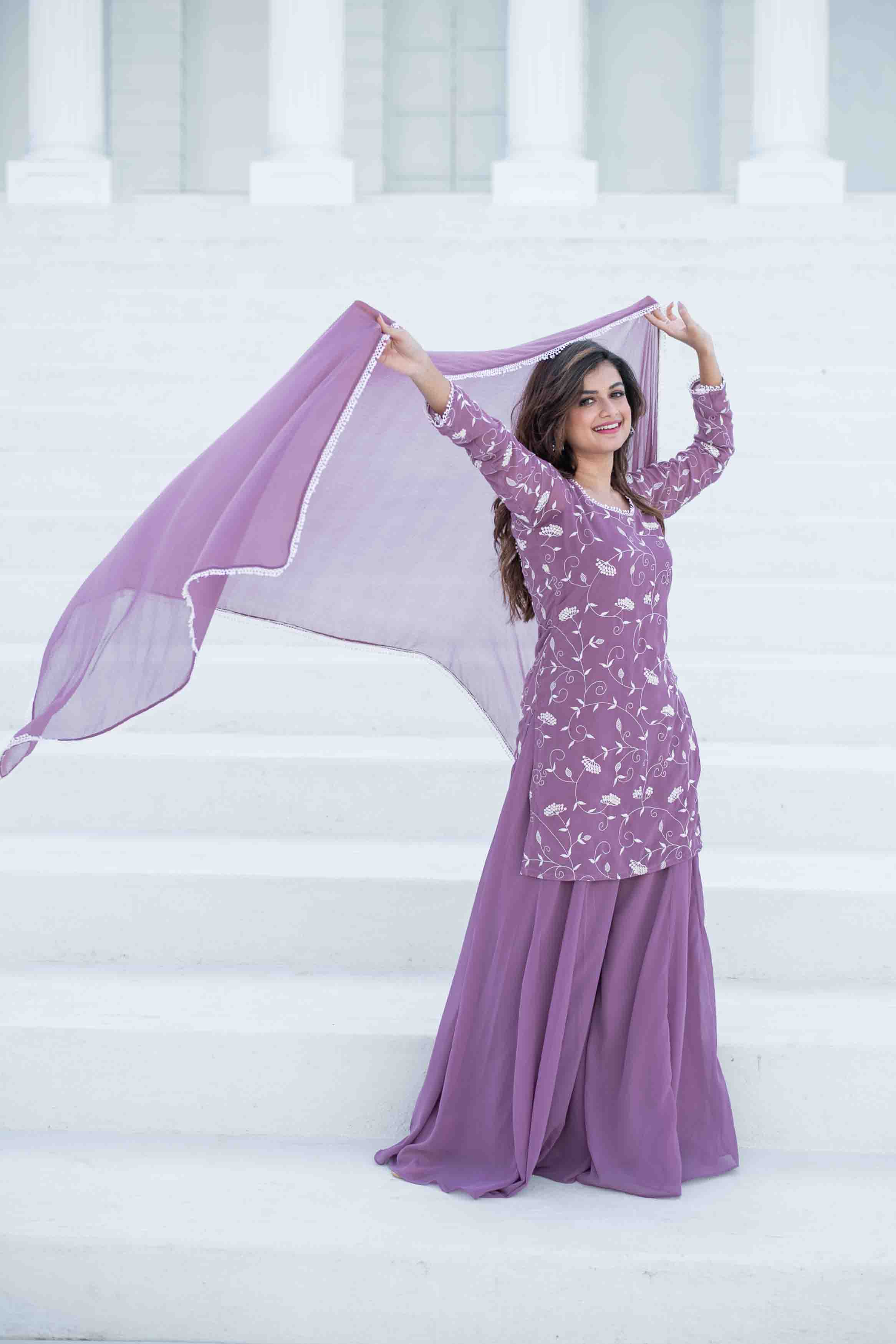 Women's Lilac Thread Work Georgette Kurta Set - Label Shaurya Sanadhya