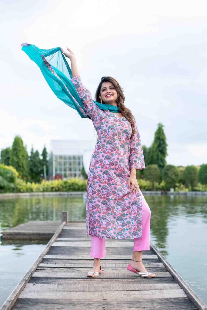 Women's Baby Pink Self Embroidery cotton Kurta Set
