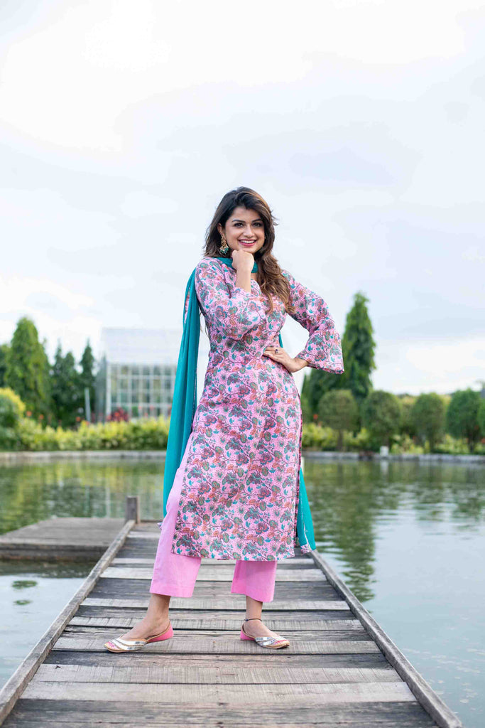 Women's Baby Pink Self Embroidery cotton Kurta Set