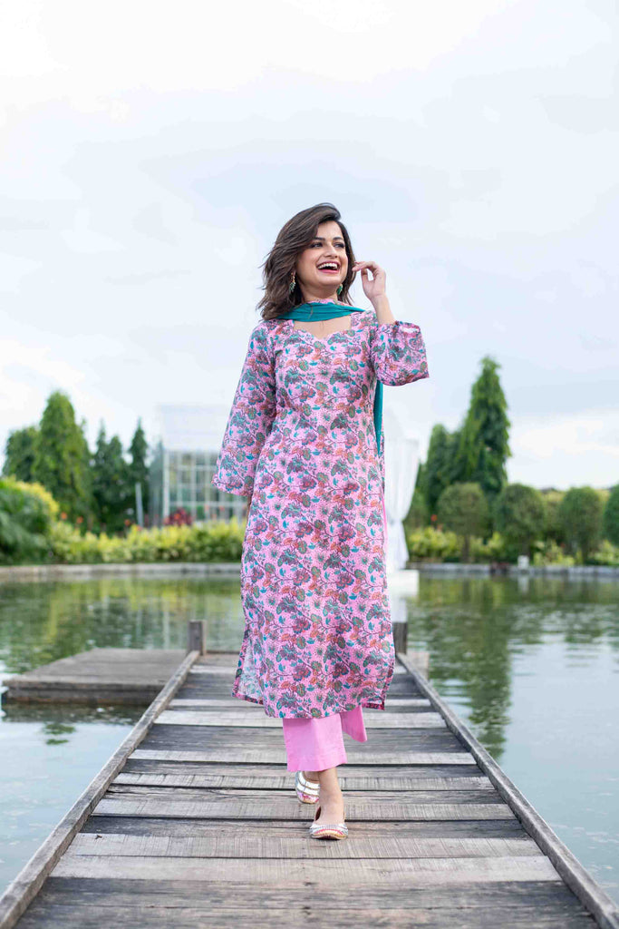 Women's Baby Pink Self Embroidery cotton Kurta Set