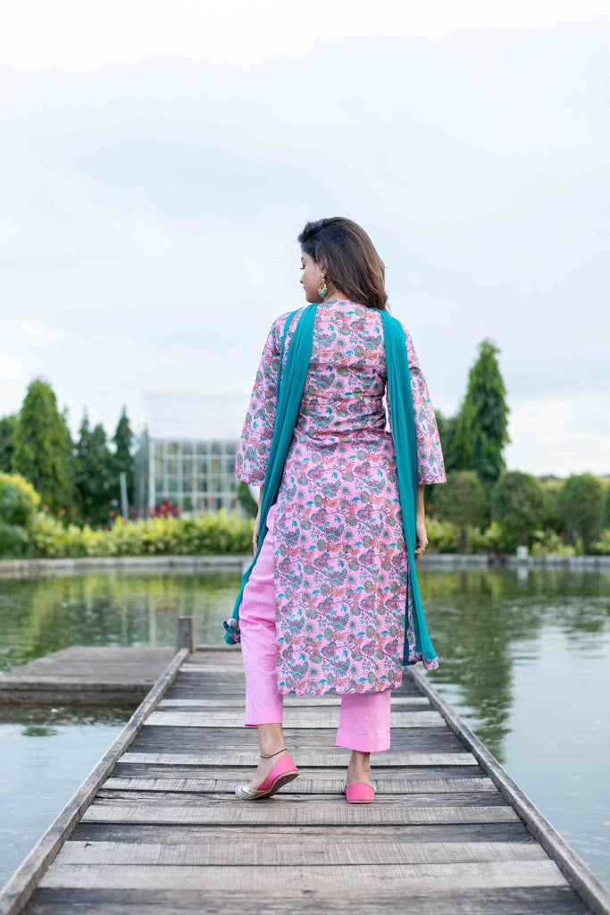 Women's Baby Pink Self Embroidery cotton Kurta Set