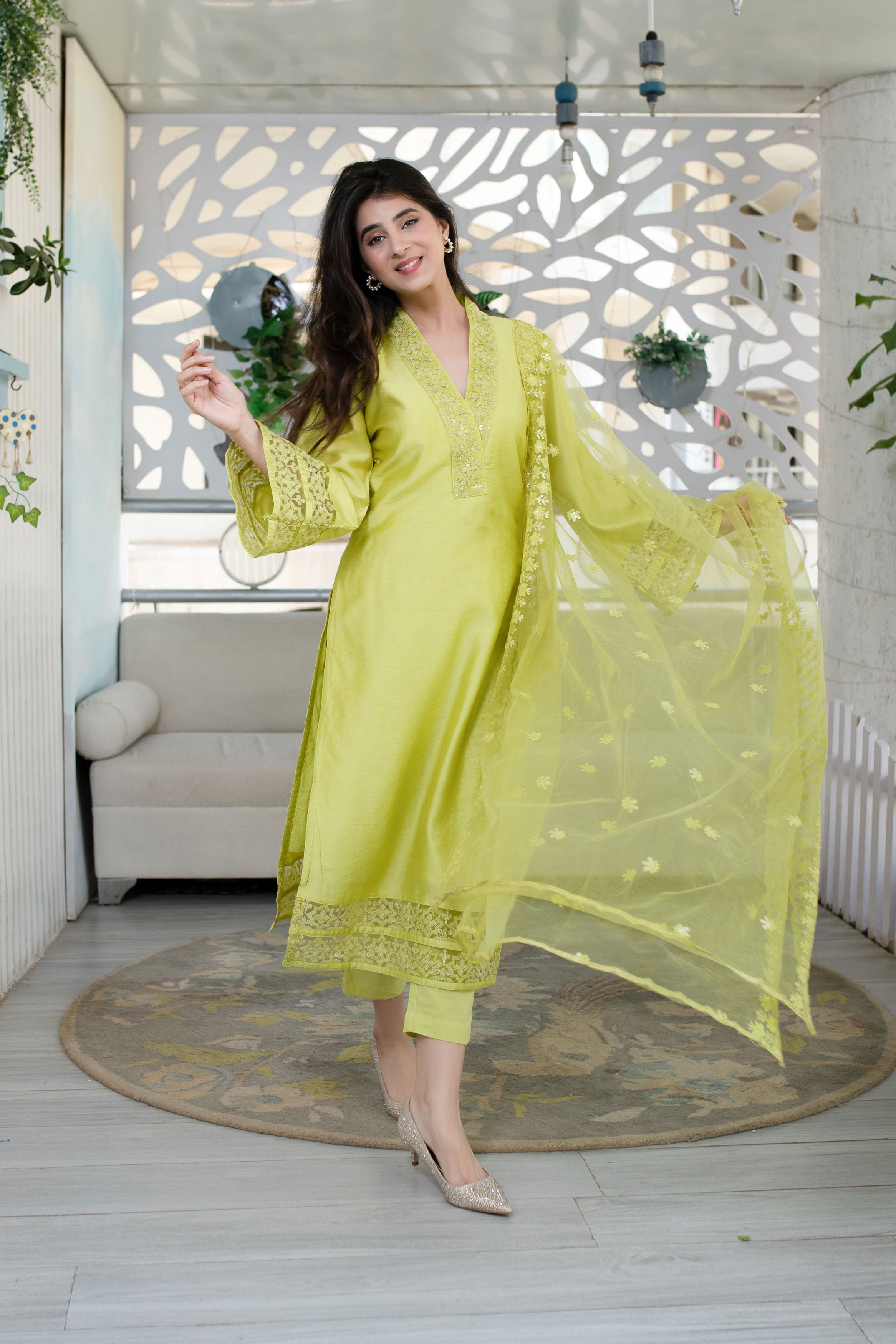 Women's Lime Green Kurta With Lace Work (3pcs set) - Label Shaurya Sanadhya