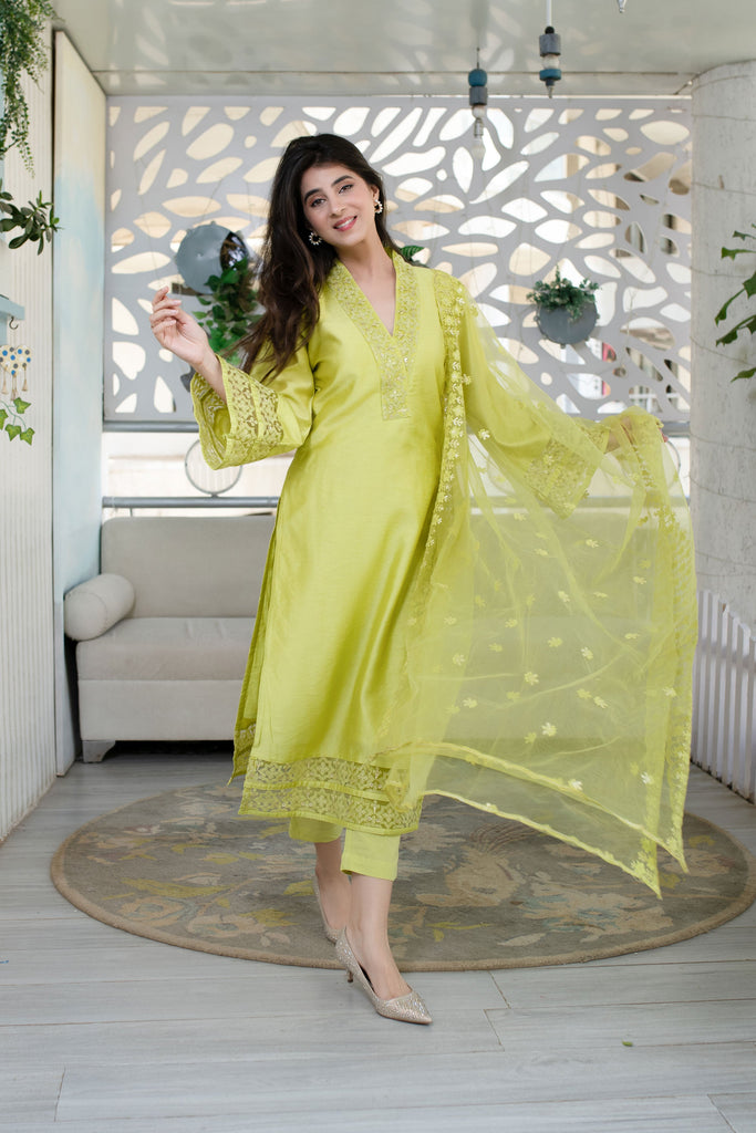 Women's Lime Green Kurta With Lace Work (3pcs set)