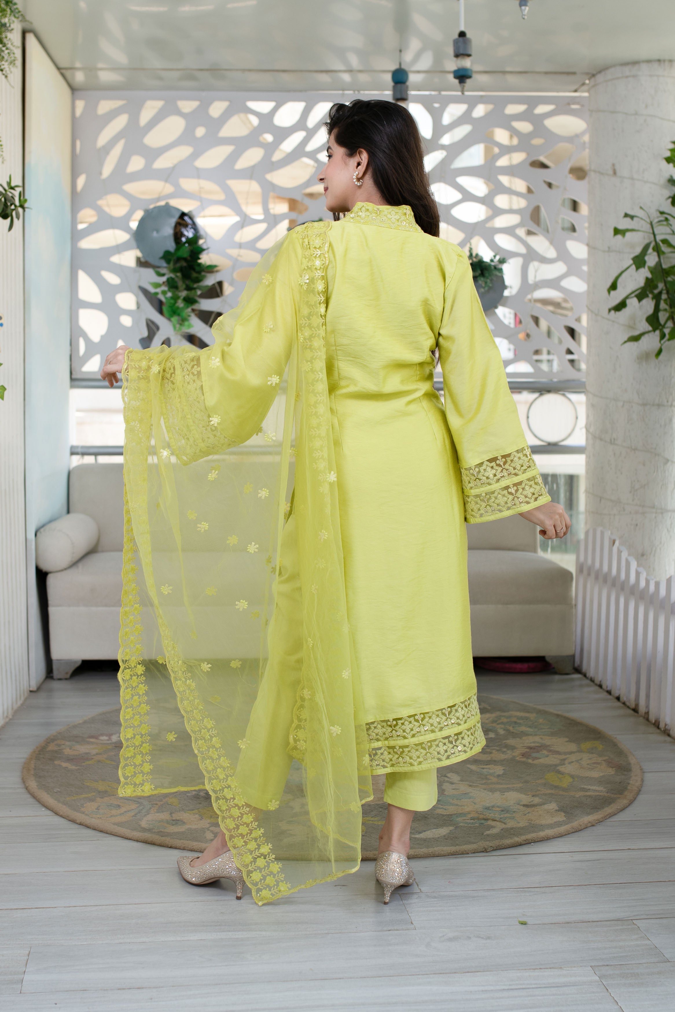 Women's Lime Green Kurta With Lace Work (3pcs set) - Label Shaurya Sanadhya
