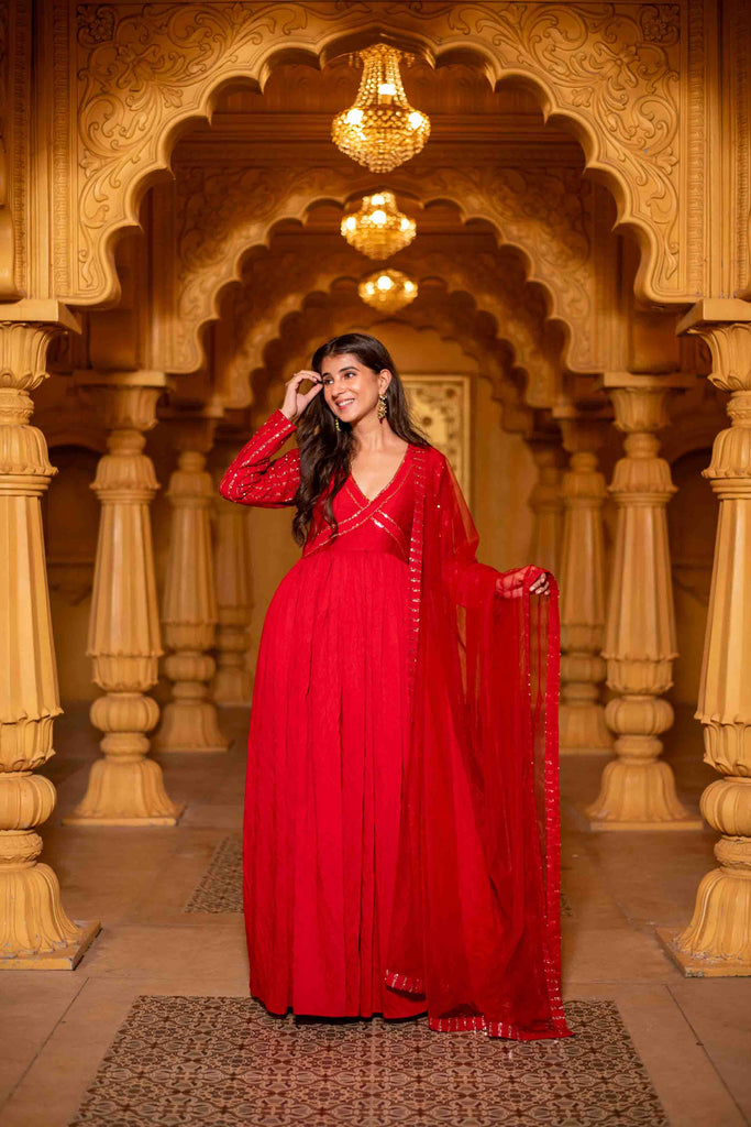 Women's Red Chanderi Long Gown With Dupatta
