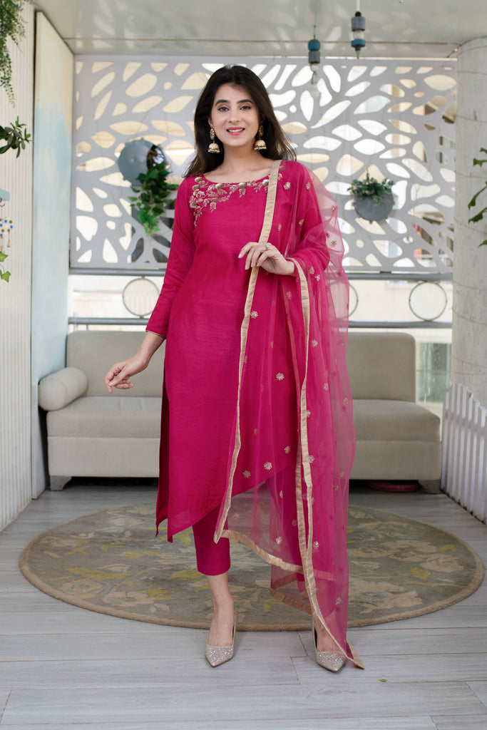 Women's Hand Work Pink Kurta Set (3pcs set)