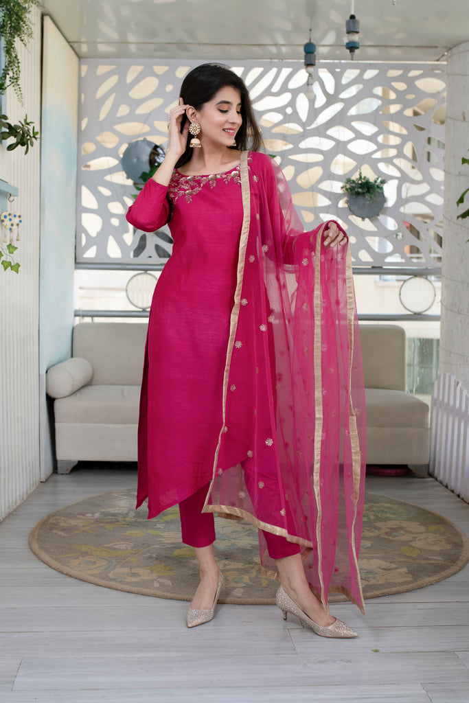 Women's Hand Work Pink Kurta Set (3pcs set)
