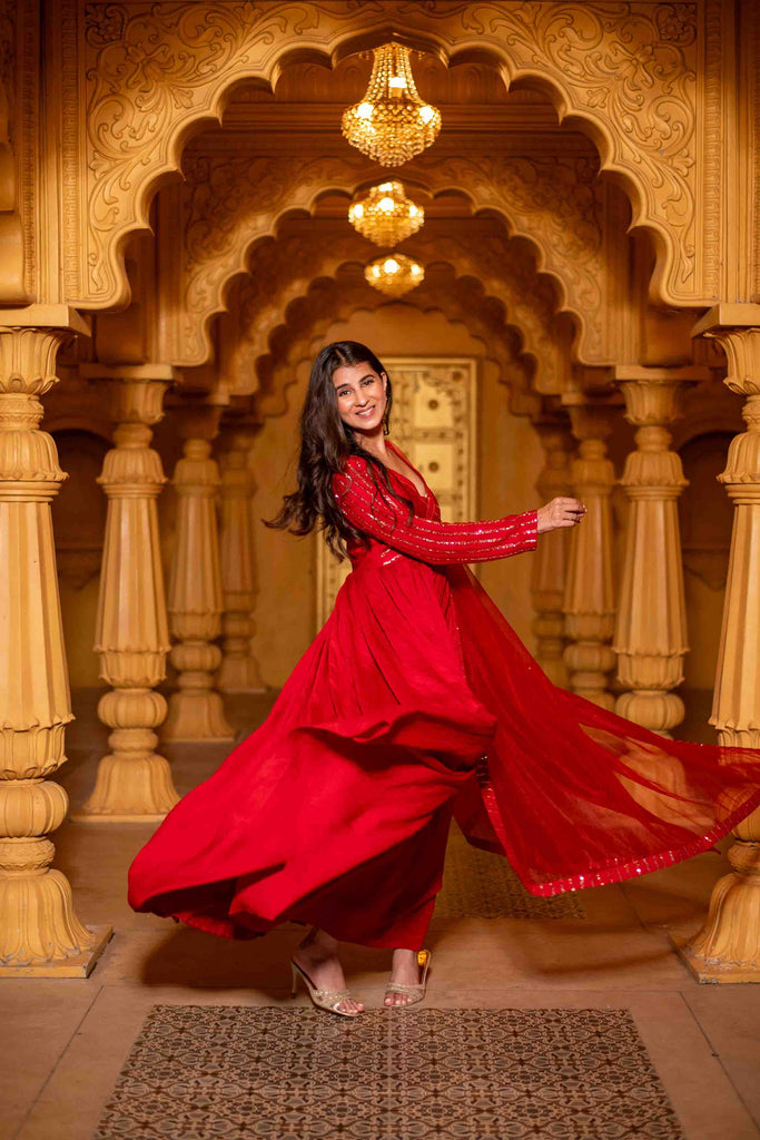 Women's Red Chanderi Long Gown With Dupatta