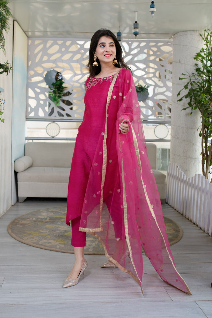 Women's Hand Work Pink Kurta Set (3pcs set)