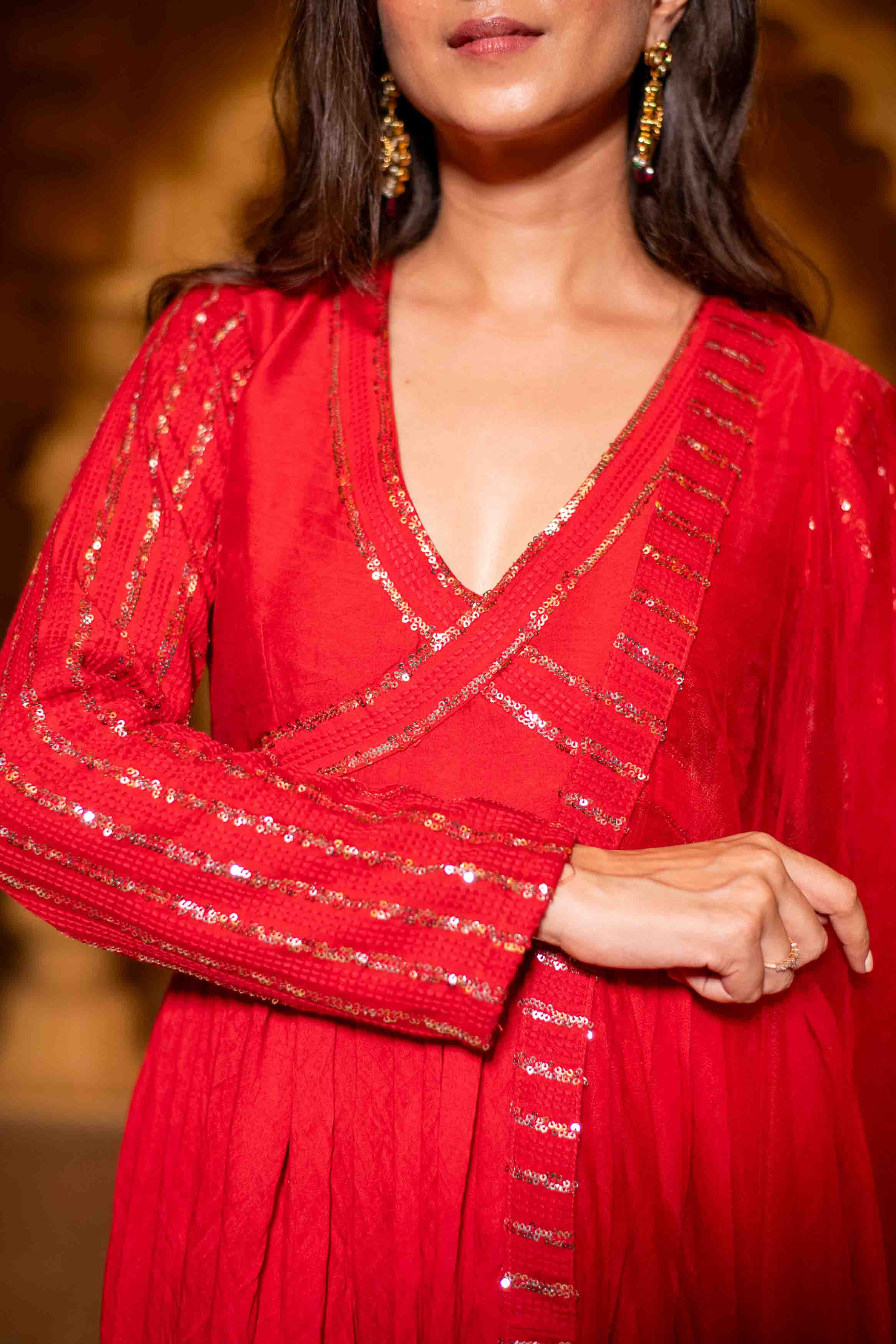 Women's Red Chanderi Long Gown With Dupatta - Label Shaurya Sanadhya