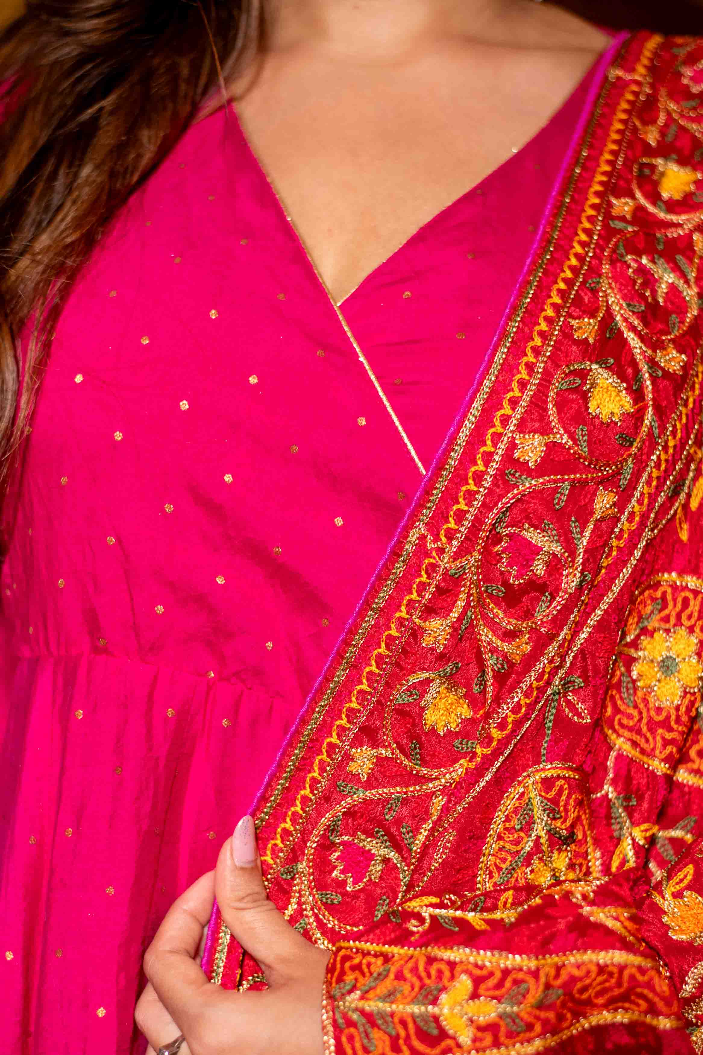 Women's Pink Chanderi Overlap Long Anarkali Set - Label Shaurya Sanadhya