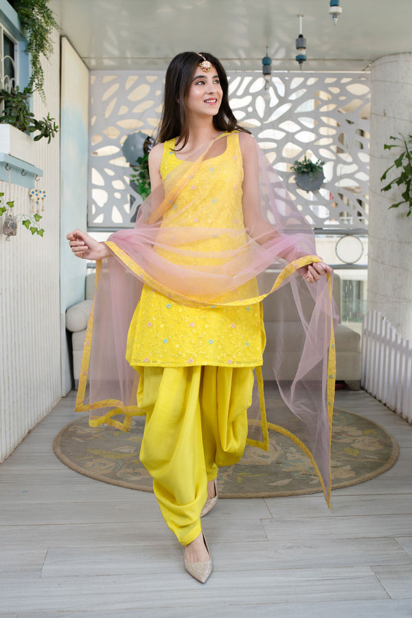 Women's Yellow And Pink Patiala Set (3pc