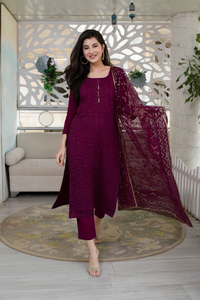 Women's Red Wine Glitter Kurta Set (3 Pc Set)