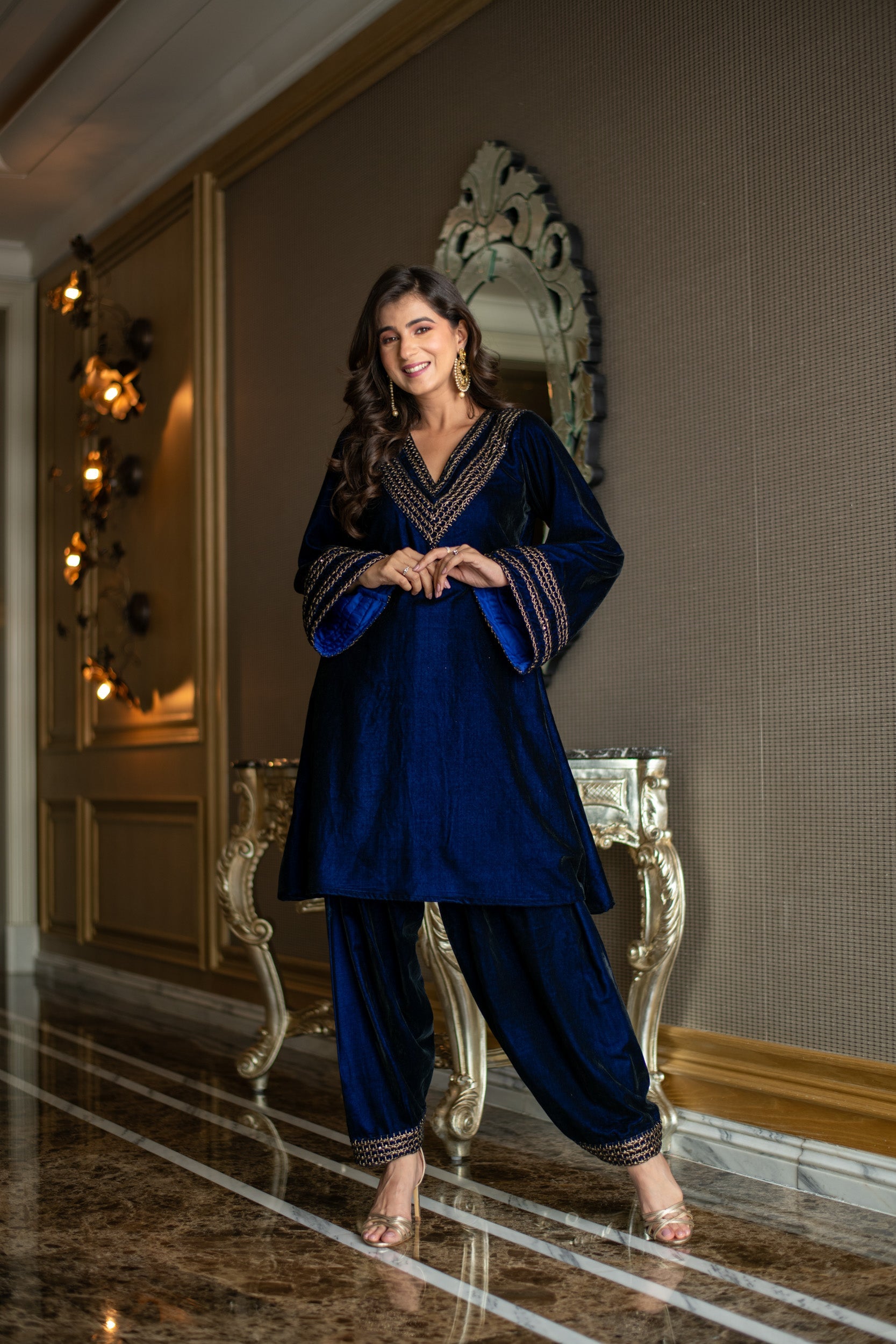 Women's Velvet Royal Blue Co-Ord Set - Label Shaurya Sanadhya