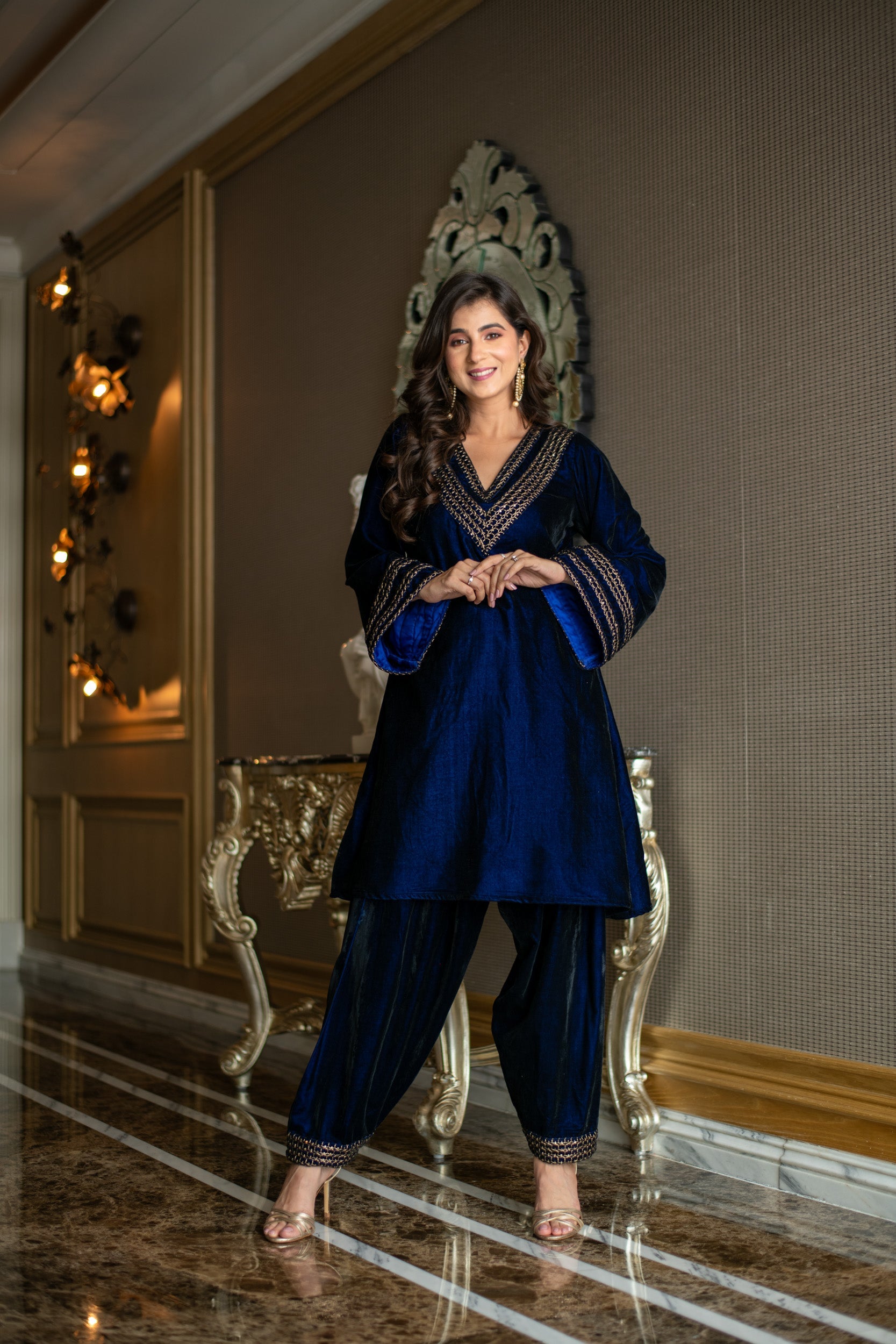 Women's Velvet Royal Blue Co-Ord Set - Label Shaurya Sanadhya