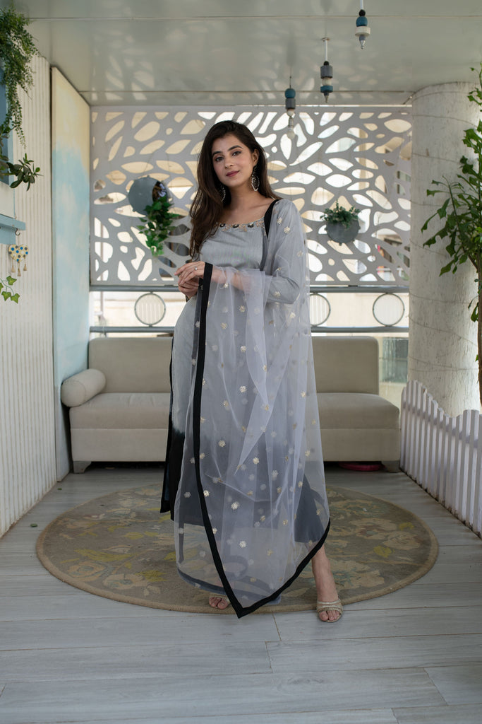 Women's Black And Grey Hand Work Kurta Set (3pcs Set)