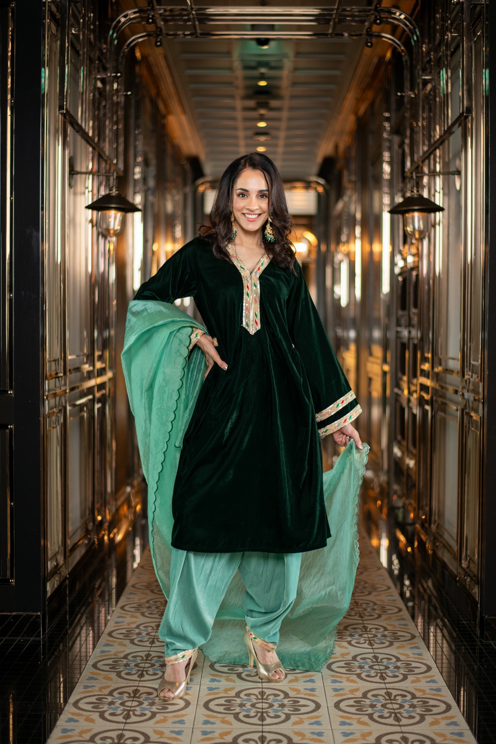 Women's Velvet Bottle Green and Mint Green Salwar Set - Label Shaurya Sanadhya