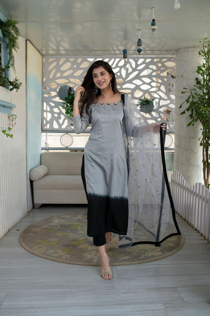 Women's Black And Grey Hand Work Kurta Set (3pcs Set)